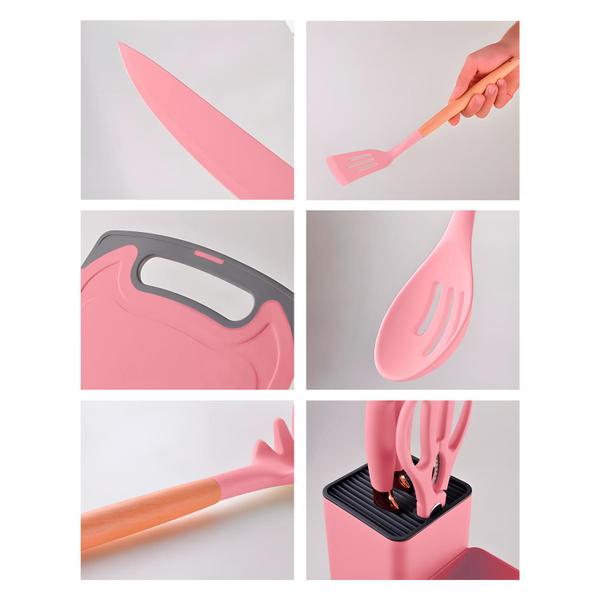 Imagem de Kit Utensílios de Cozinha em Silicone Cabo Madeira Jogo Completo 19 Peças com Tábua de Corte Faca Tesoura