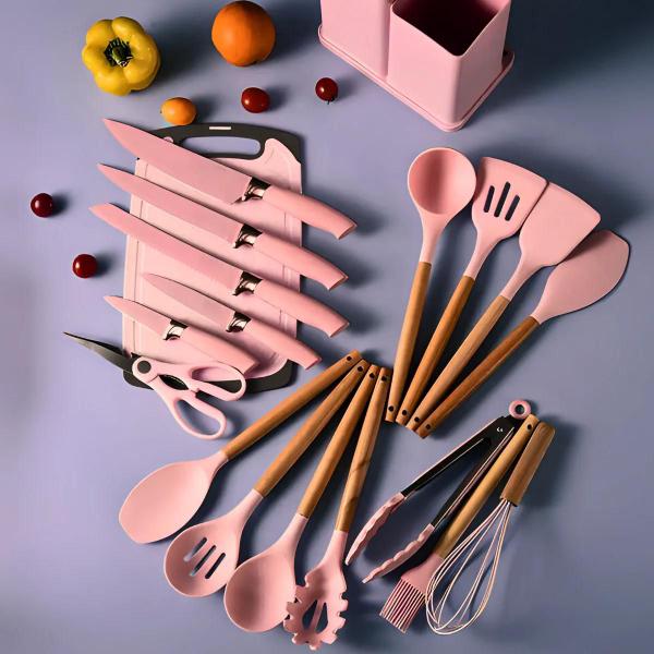 Imagem de Kit Utensílios de Cozinha Jogo Completo 19 Peças Rosa