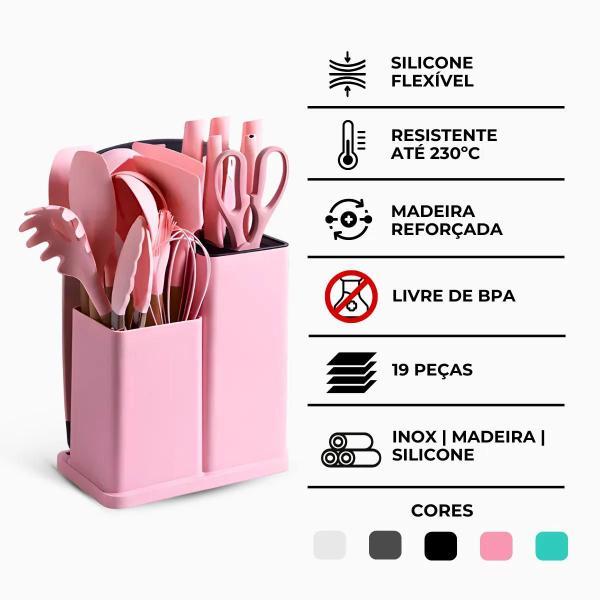 Imagem de Kit Utensílios de Cozinha Jogo Completo 19 Peças Rosa