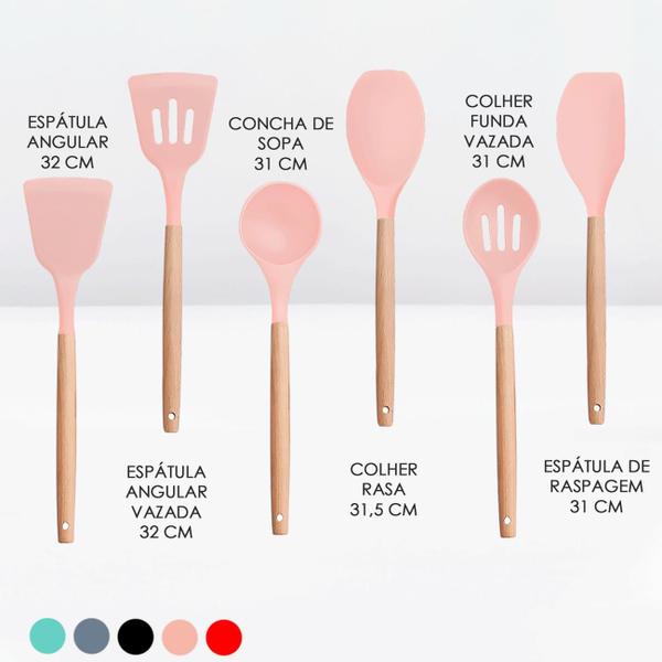 Imagem de Kit Utensílios De Cozinha Silicone 12 peças e Suporte Cesto Porta Talheres Escumadeira Concha Espátula Colher 