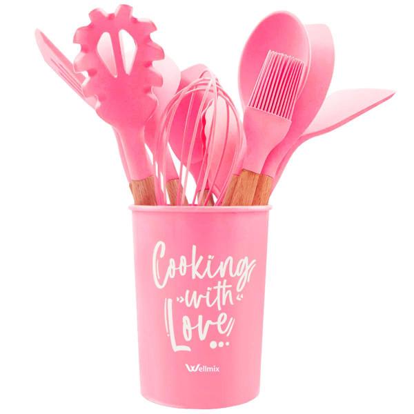 Imagem de Kit Utensílios De Cozinha Silicone 12 peças e Suporte Cesto Porta Talheres Escumadeira Concha Espátula Colher 