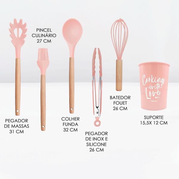 Imagem de Kit Utensílios De Cozinha Silicone 12 peças e Suporte Cesto Porta Talheres Escumadeira Concha Espátula Colher 