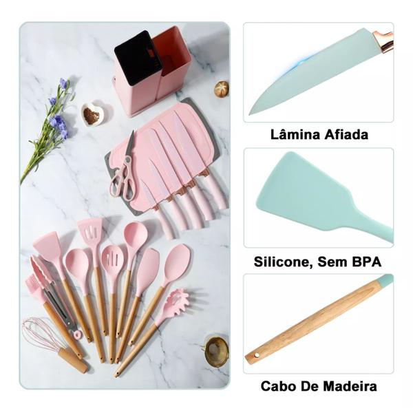 Imagem de Kit Utensílios de Cozinha Silicone 19 Peças Cor Rosa