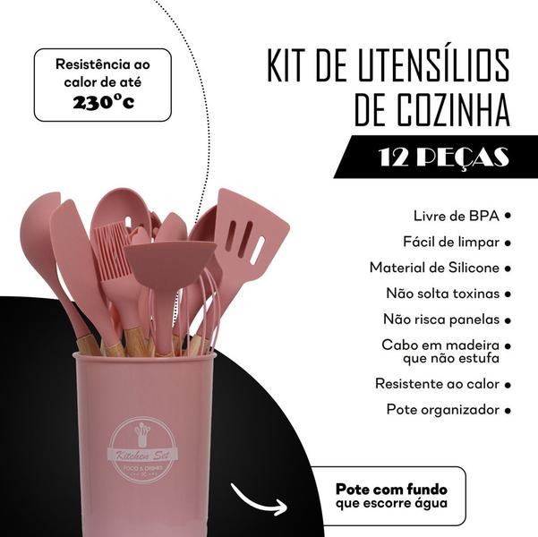 Imagem de Kit Utensílios de Cozinha Silicone Cabo de Madeira Cor Rosa