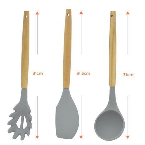 Imagem de Kit Utensílios de Cozinha Silicone Cabo Madeira 9 Peças com Suporte