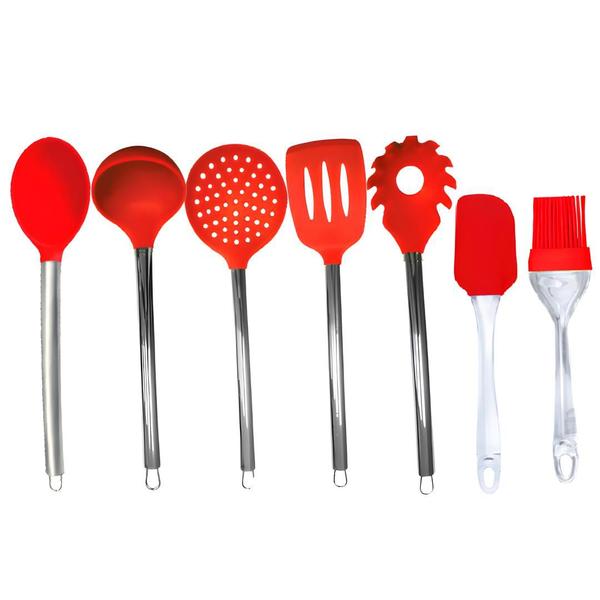 Imagem de Kit Utensílios De Cozinha Silicone Com Inox e Acrílico 7 Peças Vermelho Jogo de Cozinha Versátil