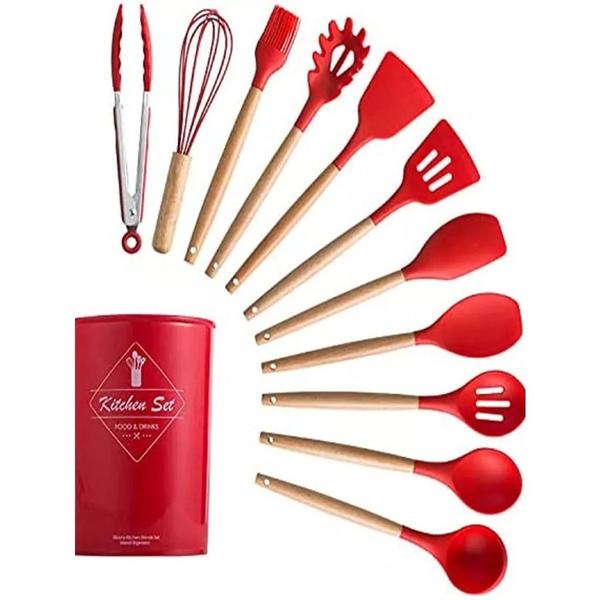 Kit Utensílios de Cozinha Silicone e Madeira 12 Peças - VERMELHO 12PCS Imagem de Kit Utensílios de Cozinha Silicone e Madeira 12 Peças