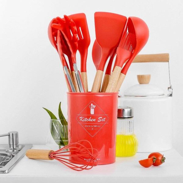 Kit Utensílios de Cozinha Silicone e Madeira 12 Peças - VERMELHO 12PCS Imagem de Kit Utensílios de Cozinha Silicone e Madeira 12 Peças