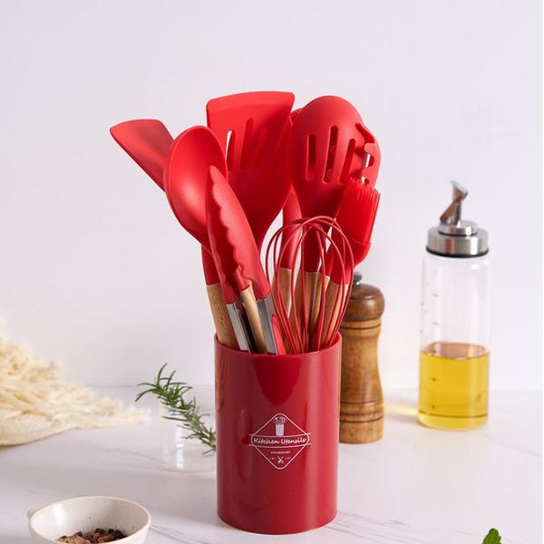 Kit Utensílios de Cozinha Silicone e Madeira 12 Peças - VERMELHO 12PCS Imagem de Kit Utensílios de Cozinha Silicone e Madeira 12 Peças