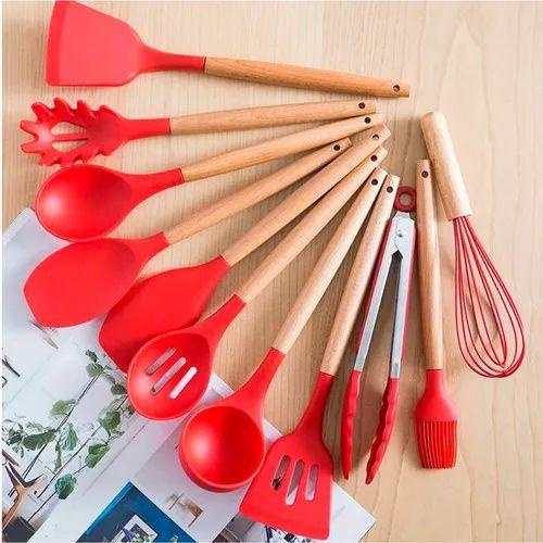 Imagem de Kit Utensílios De Cozinha Vermelho Madeira Silicone Premium