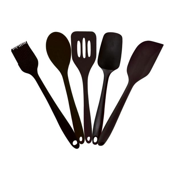 Imagem de Kit Utensílios de Silicone 5 Peças Preto para Cozinha Linha Premium Alta Qualidade Versátil