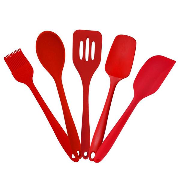 Imagem de Kit Utensílios de Silicone 5 Peças Vermelho para Cozinha Linha Premium Alta Qualidade Versátil