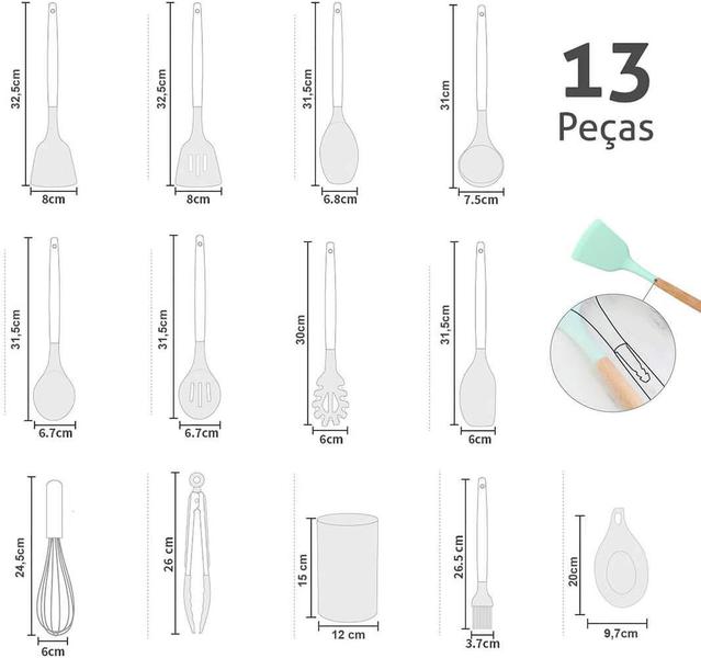 Imagem de Kit Utensílios de Silicone Cozinha com cabo madeira e Copo COR:CINZA