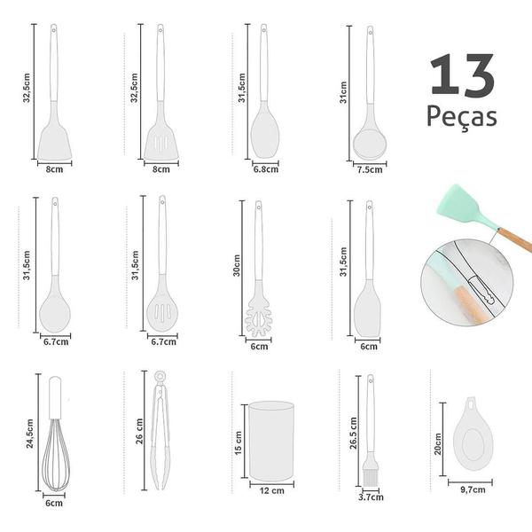 Imagem de Kit Utensílios de Silicone Cozinha com cabo madeira e Copo