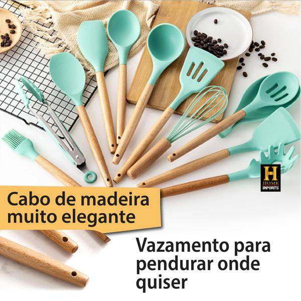 Imagem de Kit Utensílios De Silicone Jogo Com 12 Peças Para Cozinha Com Cabo De Madeira