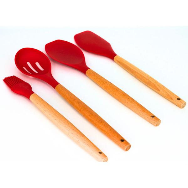 Imagem de Kit Utensílios de Silicone para Cozinha 11 peças Vermelho Com Cabo de Madeira Jogo para Cozinha