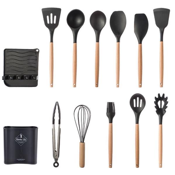 Imagem de Kit Utensílios de Silicone para Cozinha 13 peças Preto Com Cabo de Madeira Jogo para Cozinha