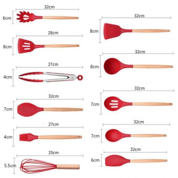 Imagem de Kit Utensílios de Silicone para Cozinha 13 peças Vermelho Com Cabo de Madeira Jogo para Cozinha