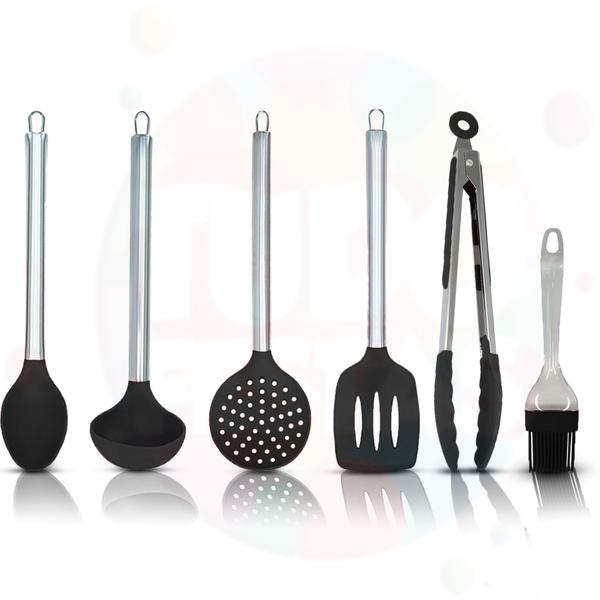 Imagem de Kit Utensílios De Silicone Para Cozinha 6 peças Com Cabo Inox Jogo Para Cozinha