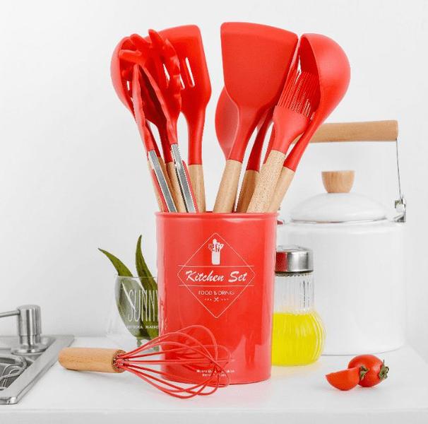 Imagem de Kit Utensílios de Silicone para Cozinha Com Cabo de Madeira Jogo para Cozinha