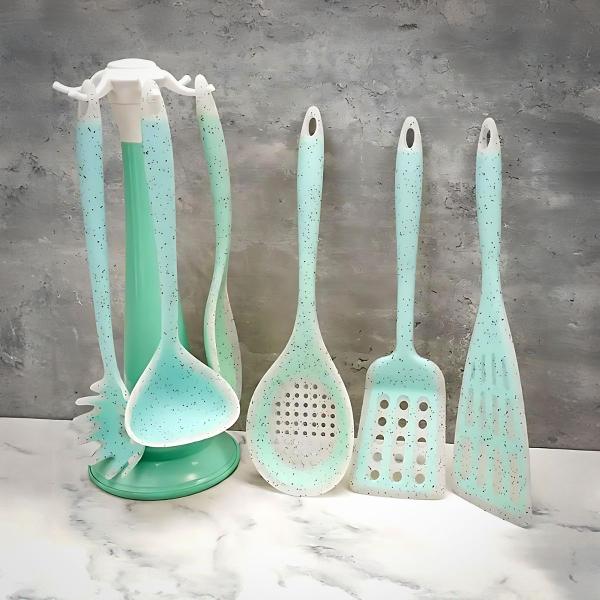 Imagem de Kit Utensílios De Silicone Para Cozinha Panela Antiaderente Jogo Conjunto Com Espátula Vazada Escumadeira Colher Escorredora Concha Base Com Ganchos