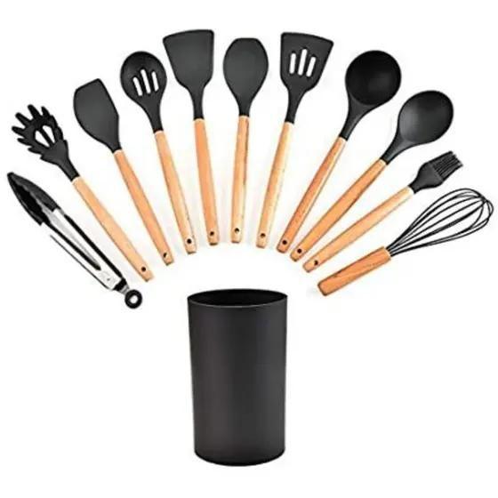 Imagem de Kit Utensílios De Silicone Preto 12 Pç Cabos Madeira Suporte - Home