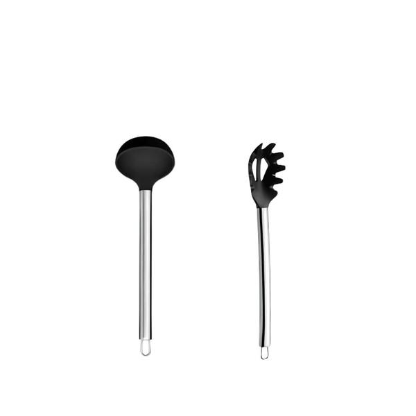 Imagem de Kit Utensílios De Silicone Preto Cabo Inox  7 Pçs