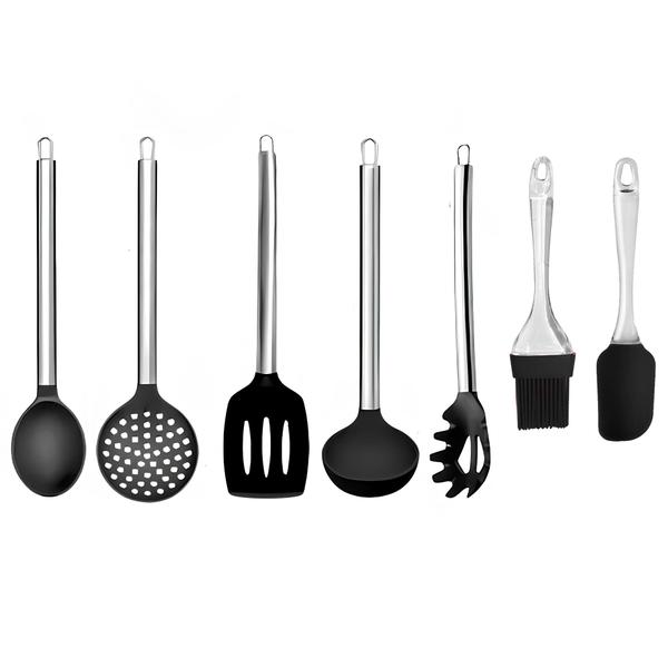 Imagem de Kit Utensílios De Silicone Preto Cabo Inox  7 Pçs