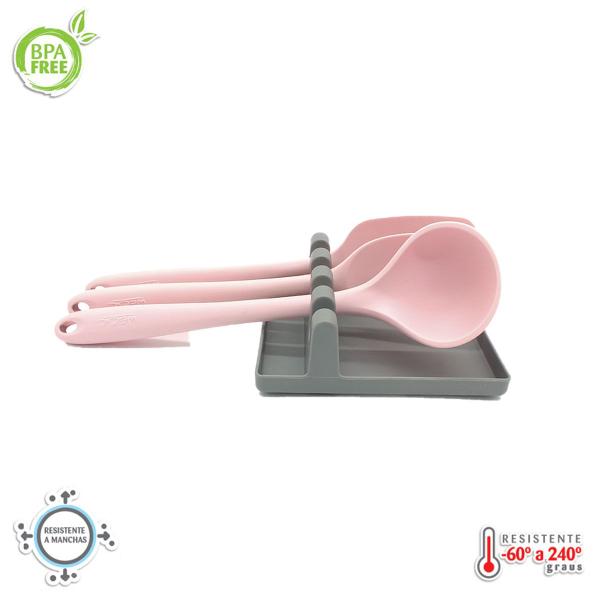 Imagem de Kit utensílios de Silicone Rosa com Descanso