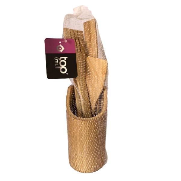 Imagem de Kit Utensílios Em Bambu Colher Espátula Com Suporte 5 Pçs