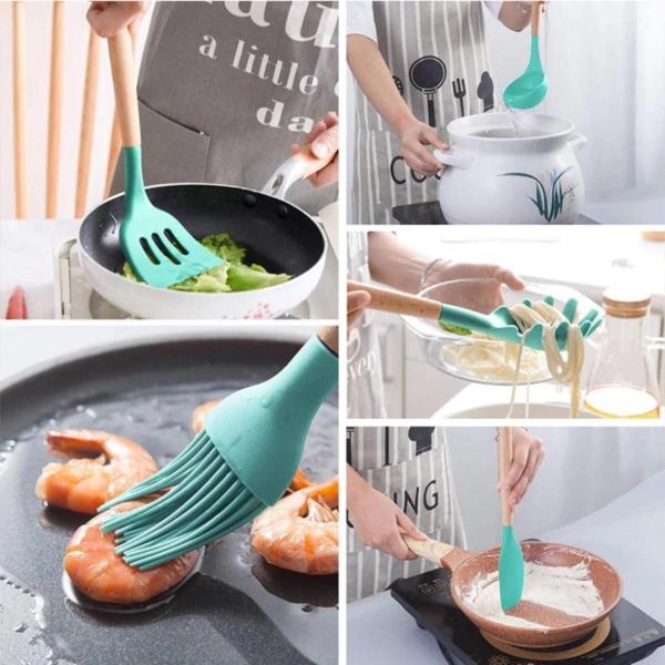 Imagem de Kit Utensílios Para Cozinha em Silicone e Bambu 12 Pçs Lindo