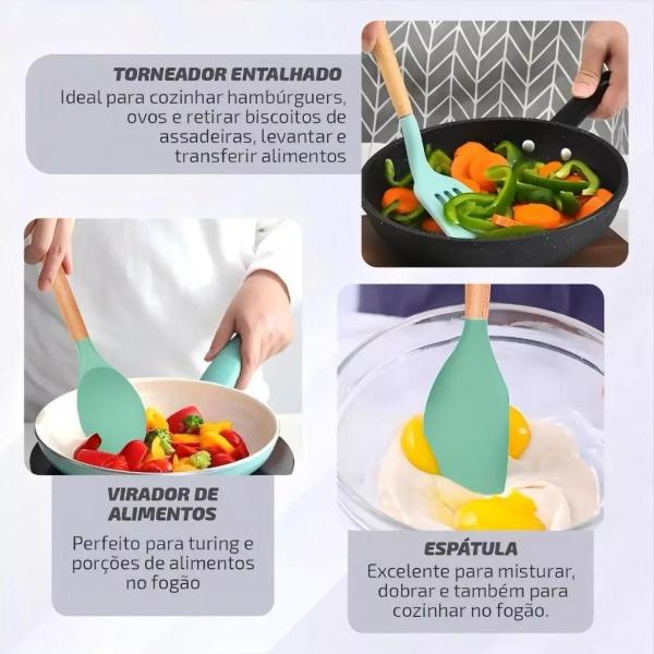 Imagem de Kit Utensílios Para Cozinha em Silicone e Bambu 12 Pçs Lindo