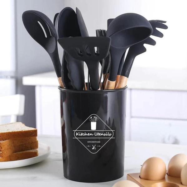 Imagem de Kit Utensílios Para Cozinha em Silicone e Bambu 12 Pçs Lindo