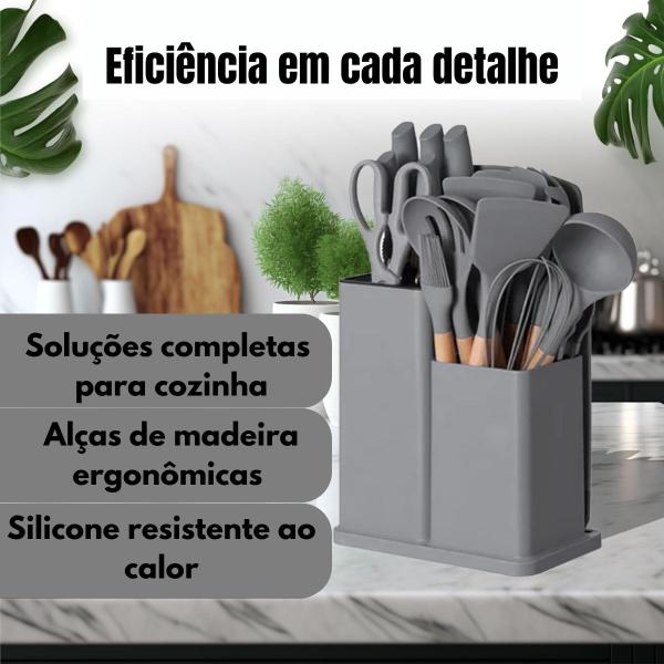 Imagem de Kit Utensilios Silicone 19 pçs cabo de madeira sem BPA Cinza