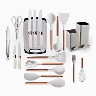 Imagem de Kit Utensílios Silicone 19 Peças Cozinha Faca Tábua Colher Concha Espátula Tesoura Pegador Madeira