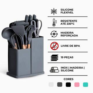 Imagem de Kit Utensílios Silicone 19 Peças Cozinha Faca Tábua Colher Concha Espátula Tesoura Pegador Madeira