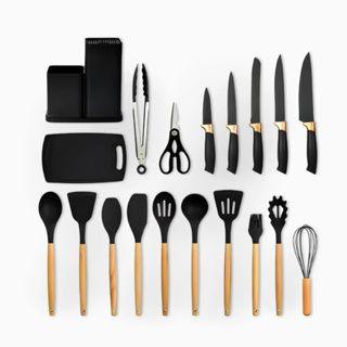 Kit Utensílios Silicone 19 Peças Cozinha Faca Tábua Colher Concha Espátula Tesoura Pegador Madeira - Granfei Imagem de Kit Utensílios Silicone 19 Peças Cozinha Faca Tábua Colher Concha Espátula Tesoura Pegador Madeira