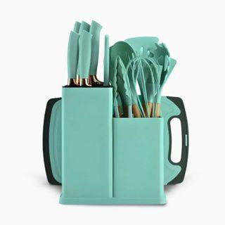 Kit Utensílios Silicone 19 Peças Cozinha Faca Tábua Colher Concha Espátula Tesoura Pegador Madeira - Granfei Imagem de Kit Utensílios Silicone 19 Peças Cozinha Faca Tábua Colher Concha Espátula Tesoura Pegador Madeira