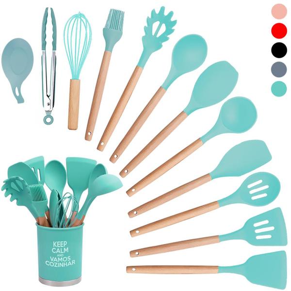 Imagem de Kit Utensílios Silicone Cabo Madeira 13 Peças Espátula Pegador