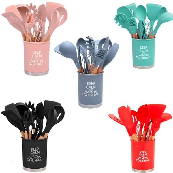 Imagem de Kit Utensílios Silicone Cabo Madeira 13 Peças Espátula Pegador