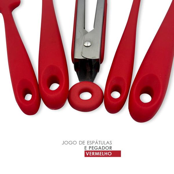 Imagem de Kit Utensilios Silicones 5 Peças Espátulas Pegador Vermelho