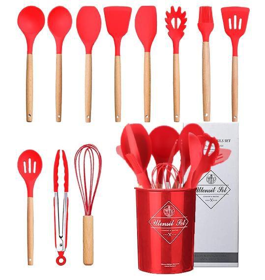 Imagem de Kit Utensílios Talheres de Cozinha Silicone 13pçs Vermelha