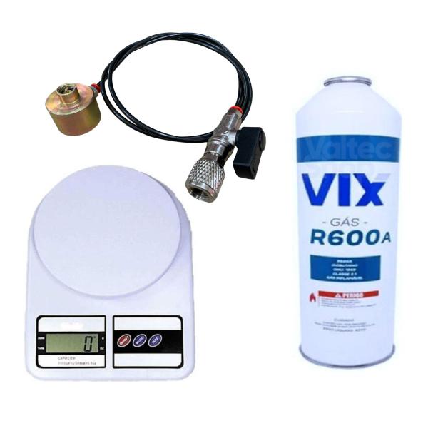 Imagem de Kit Válvula Base Cilindro + Fluído R600A 420g + Balança 10Kg