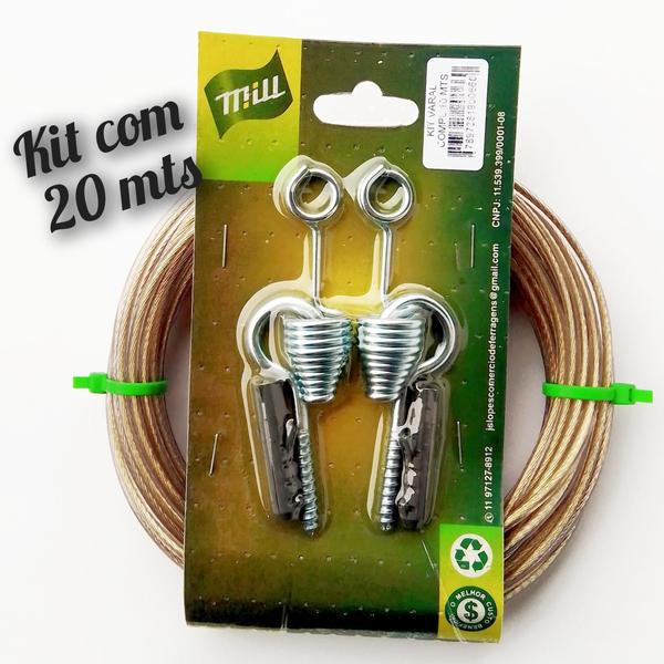 Imagem de Kit Varal 20Mts Cabo De Aço Revestido Nylon Cristal 3,30 Mm