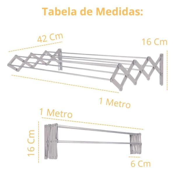 Imagem de Kit Varal de Chao Aluminio 1,53 M com Abas + Varal de Teto 120 Cm + Varal Retratil de Parede 1 M  Mor 