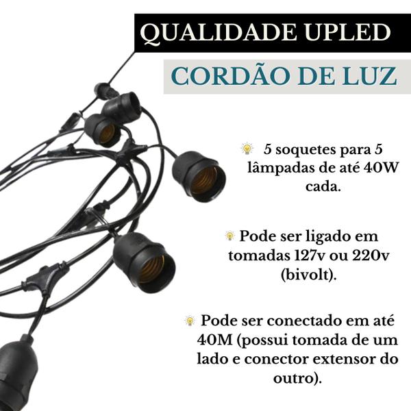 Imagem de Kit Varal De Luz Ip65 5mts + 5 Lâmpadas Led BolinhaCordão Blindado Decoração Jardim Quintal Festa