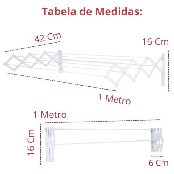 Imagem de Kit Varal de Parede Sanfonado 1 Metro Branco + 2 Mini Varais Redondos com 24 Grampos Apartamento  Mor 