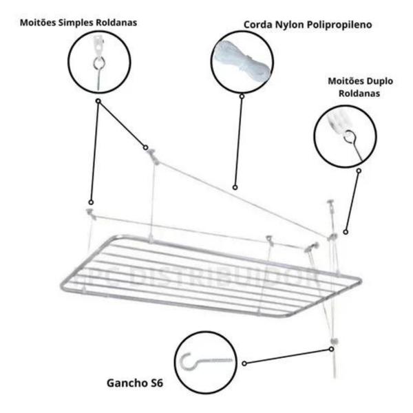 Imagem de Kit Varal De Teto Premium Roldanas C/ Corda 15mt Cor Nylon Branco - Âncora