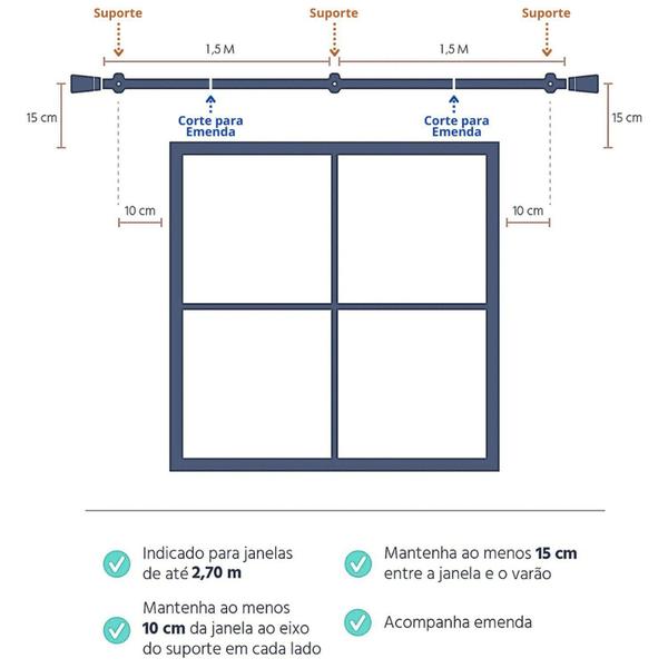 Imagem de Kit Varão Duplo Completo Alemão Plus 28x19mm 3 Metros com 2 Emendas - Quarto ou Sala Cumaru