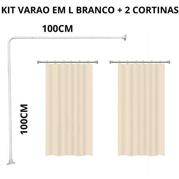 Imagem de Kit Varao em L Suporte haste Banheiro Box BRANCO 100X100cm + 2 Cortina Box LISA - BEGE